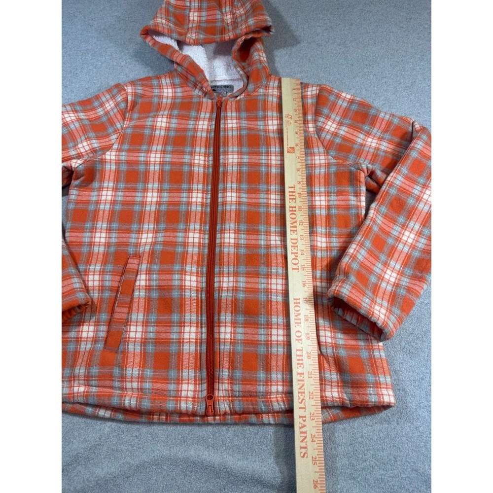Riding Sport Sherpa Lined Plaid Hooded Jacket Women Small Orange Full Zip Fleece